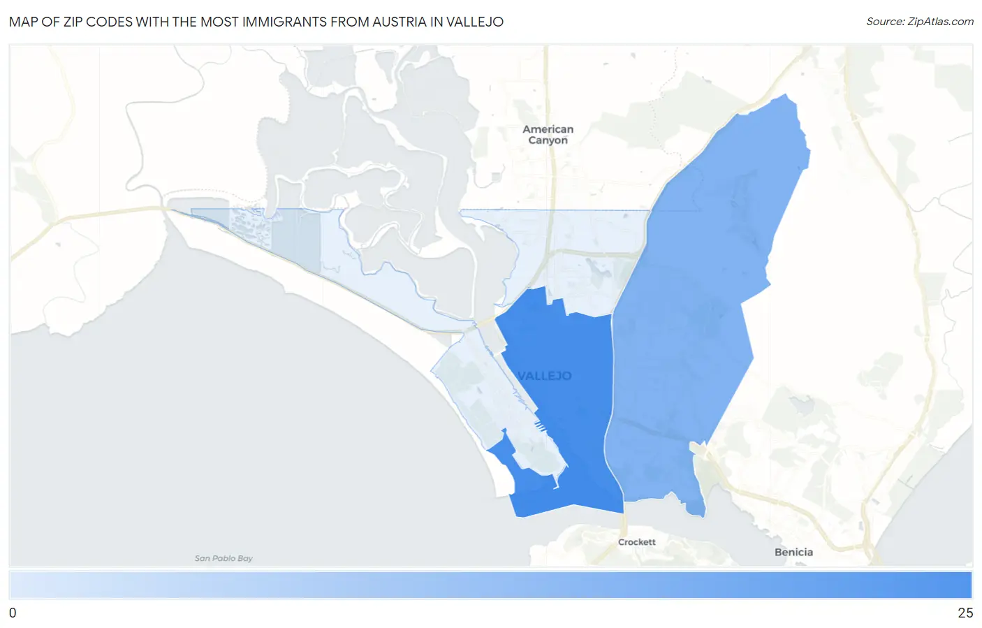 Zip Codes with the Most Immigrants from Austria in Vallejo Map