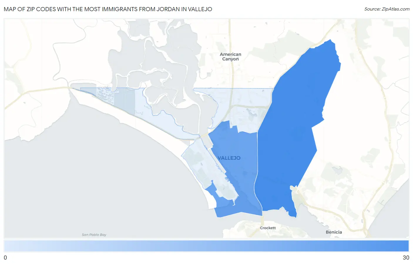 Zip Codes with the Most Immigrants from Jordan in Vallejo Map