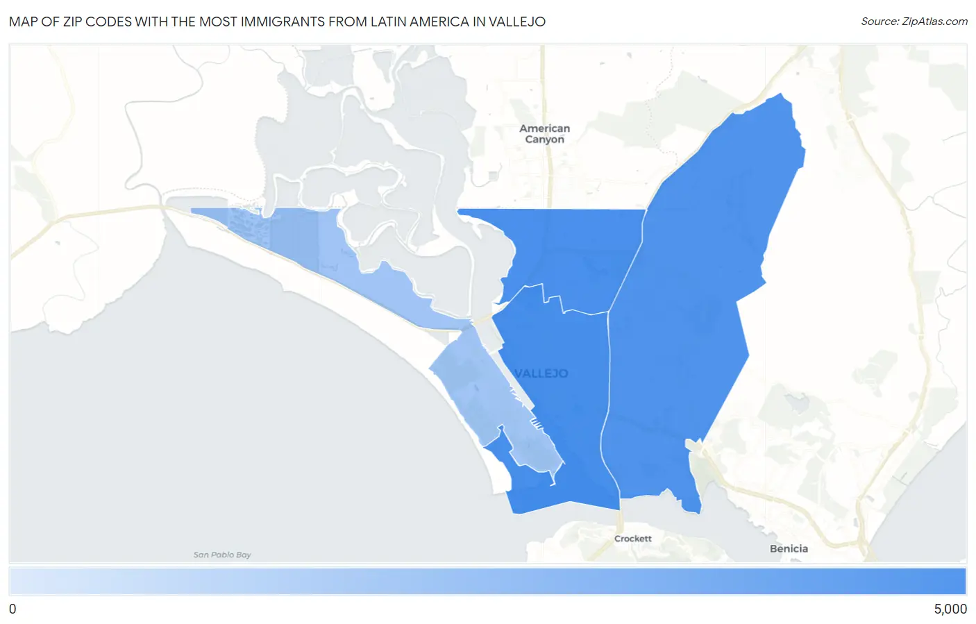 Zip Codes with the Most Immigrants from Latin America in Vallejo Map