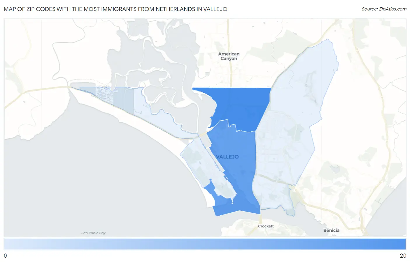 Zip Codes with the Most Immigrants from Netherlands in Vallejo Map