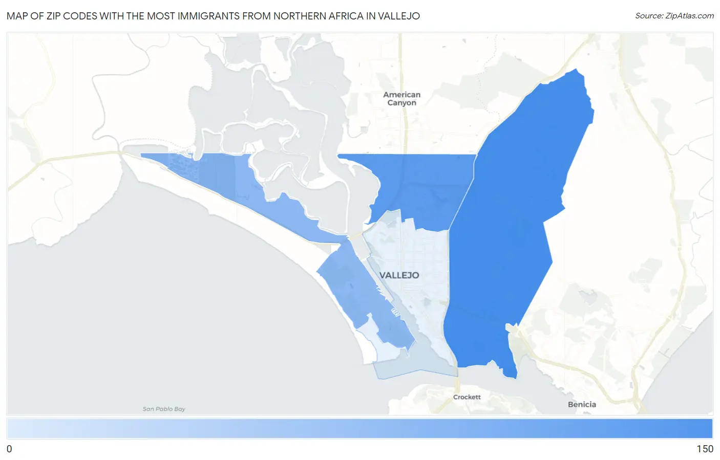 Zip Codes with the Most Immigrants from Northern Africa in Vallejo Map