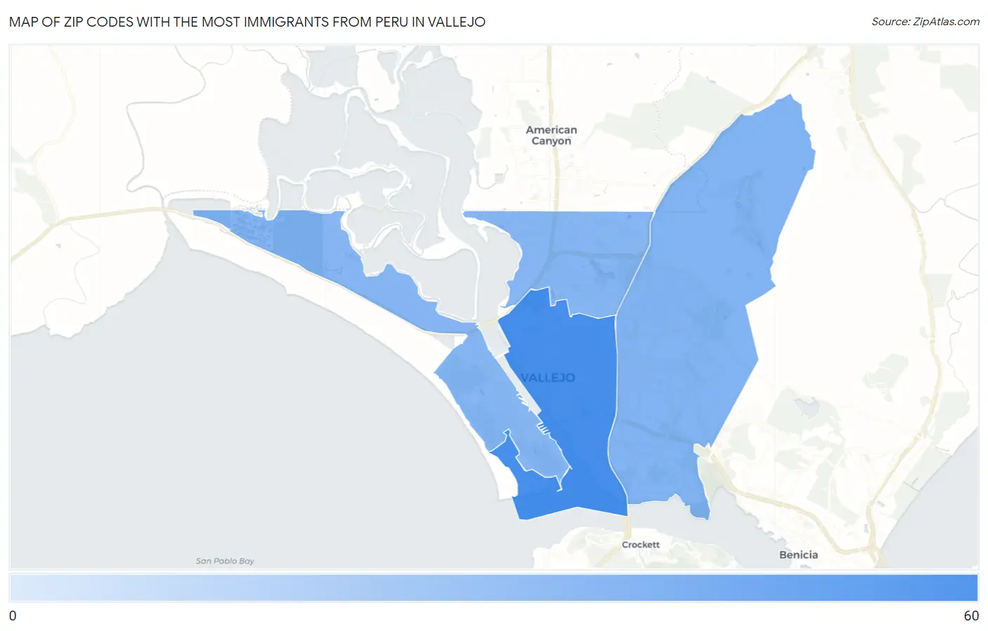 Zip Codes with the Most Immigrants from Peru in Vallejo Map