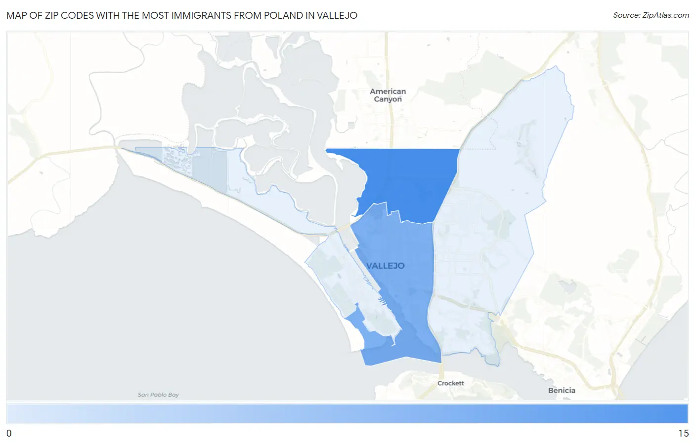 Zip Codes with the Most Immigrants from Poland in Vallejo Map