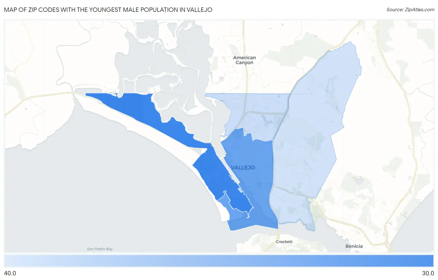 Zip Codes with the Youngest Male Population in Vallejo Map
