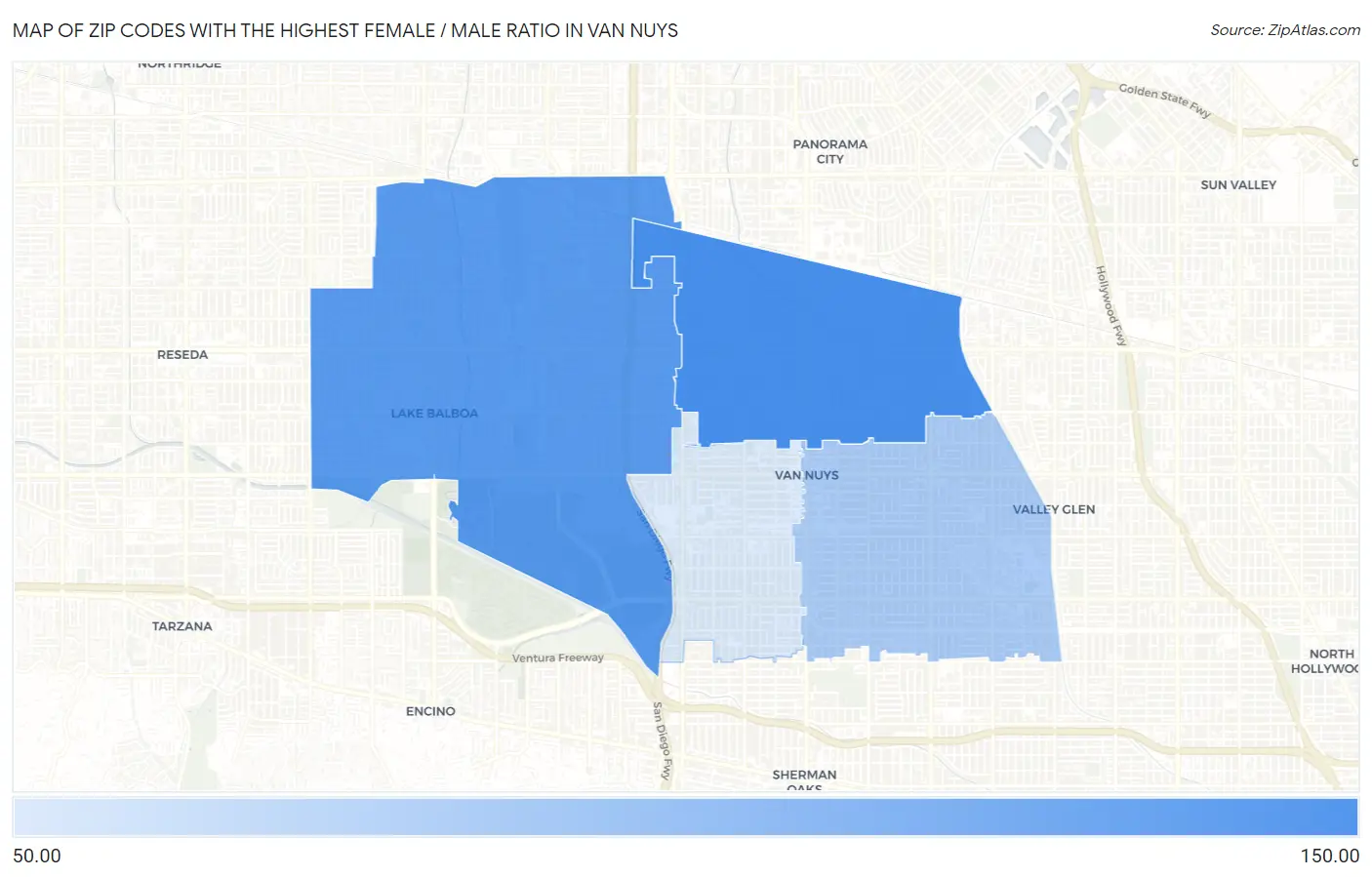 Zip Codes with the Highest Female / Male Ratio in Van Nuys Map