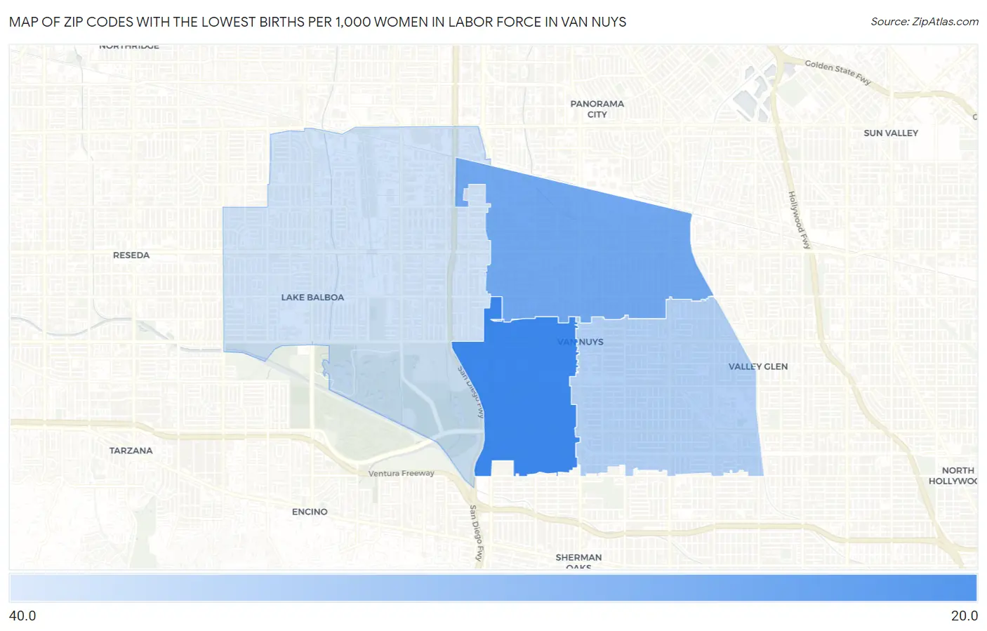 Zip Codes with the Lowest Births per 1,000 Women in Labor Force in Van Nuys Map