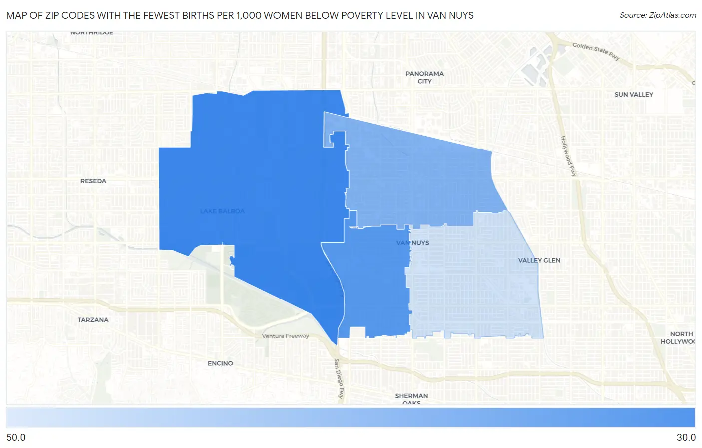 Zip Codes with the Fewest Births per 1,000 Women Below Poverty Level in Van Nuys Map