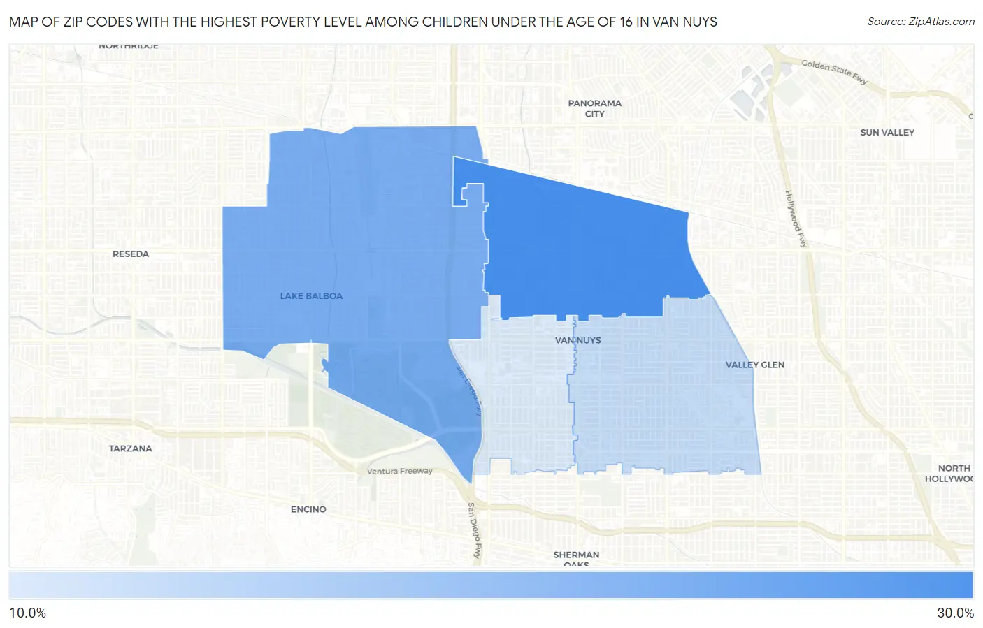 Zip Codes with the Highest Poverty Level Among Children Under the Age of 16 in Van Nuys Map