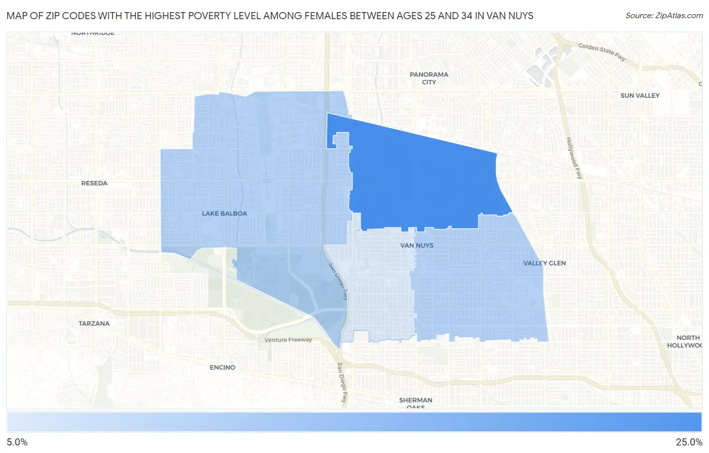 Zip Codes with the Highest Poverty Level Among Females Between Ages 25 and 34 in Van Nuys Map