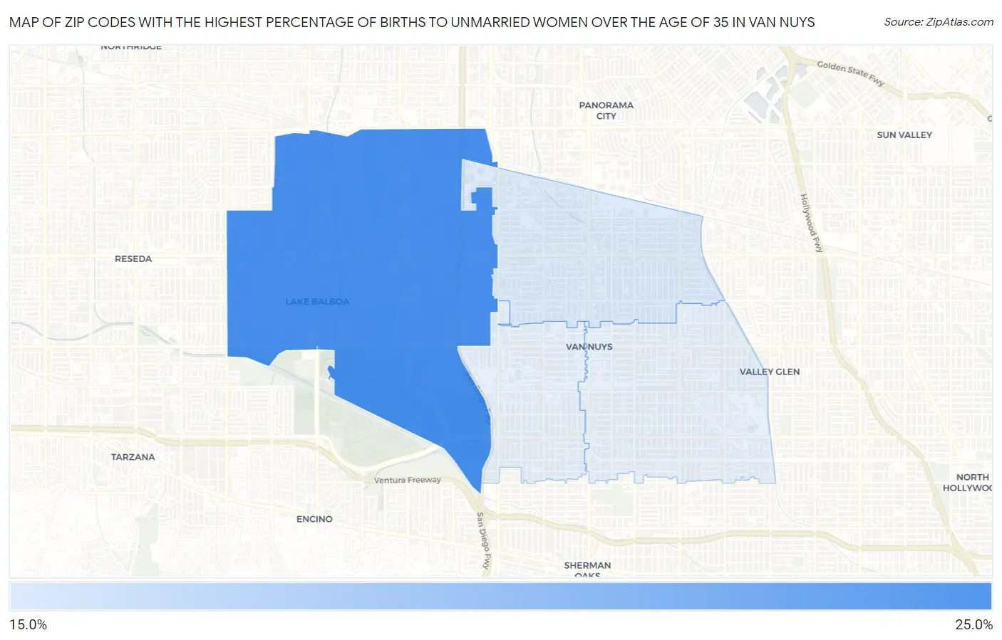 Zip Codes with the Highest Percentage of Births to Unmarried Women over the Age of 35 in Van Nuys Map