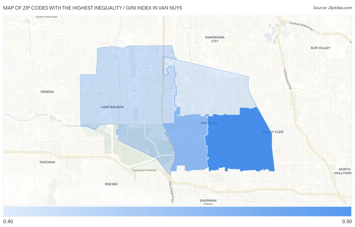 Zip Codes with the Highest Inequality / Gini Index in Van Nuys Map