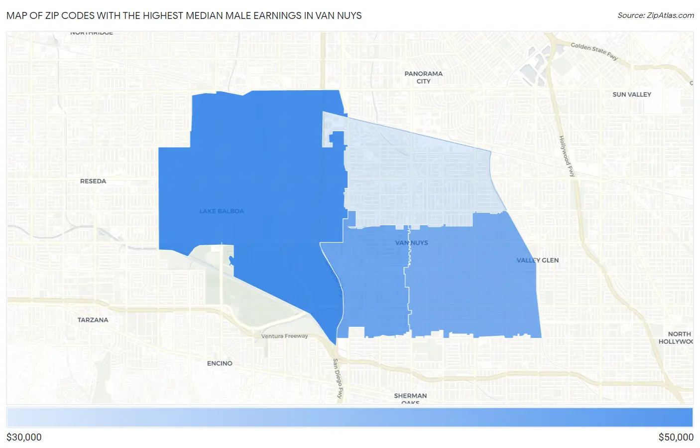Zip Codes with the Highest Median Male Earnings in Van Nuys Map