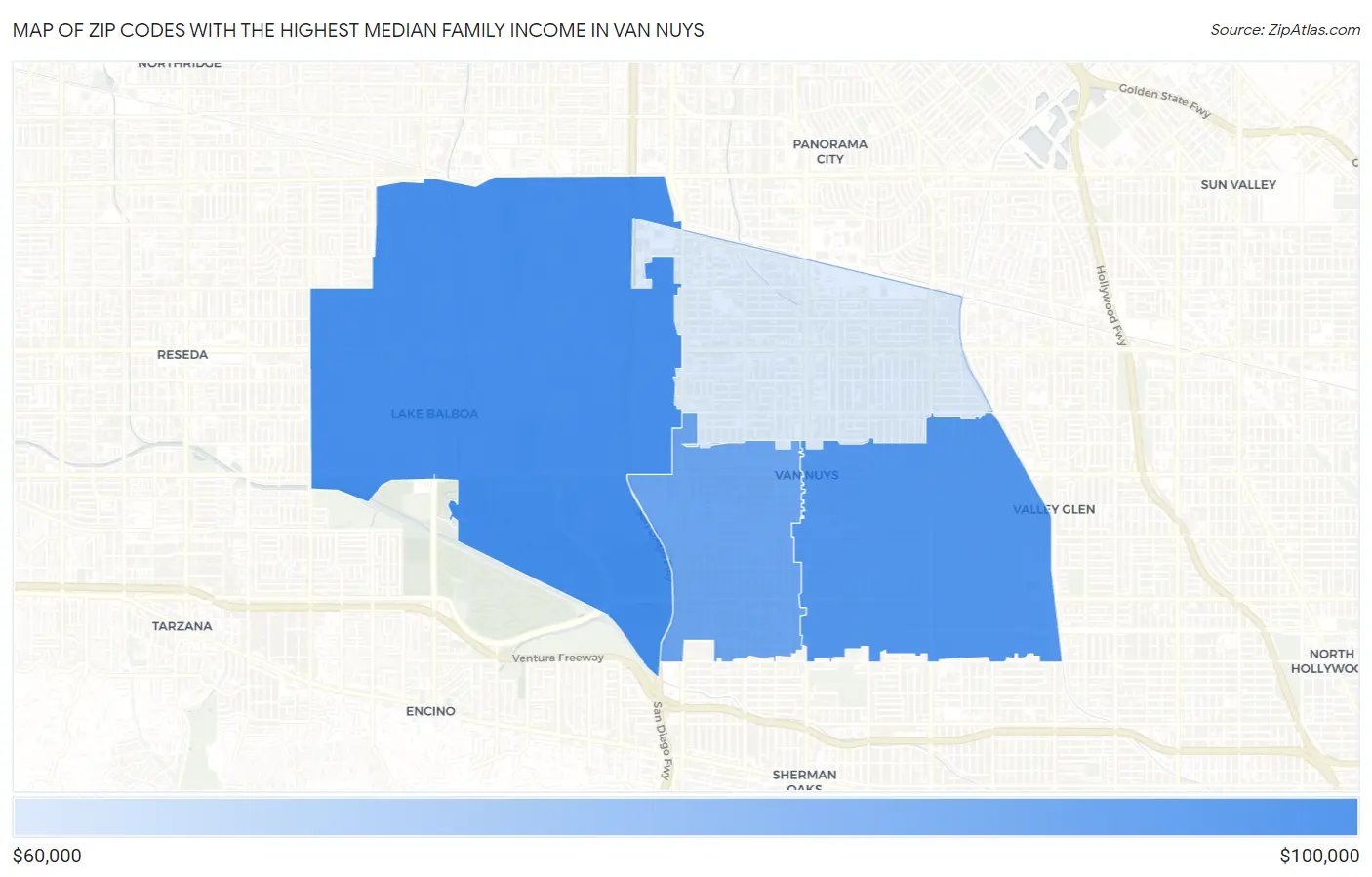 Zip Codes with the Highest Median Family Income in Van Nuys Map