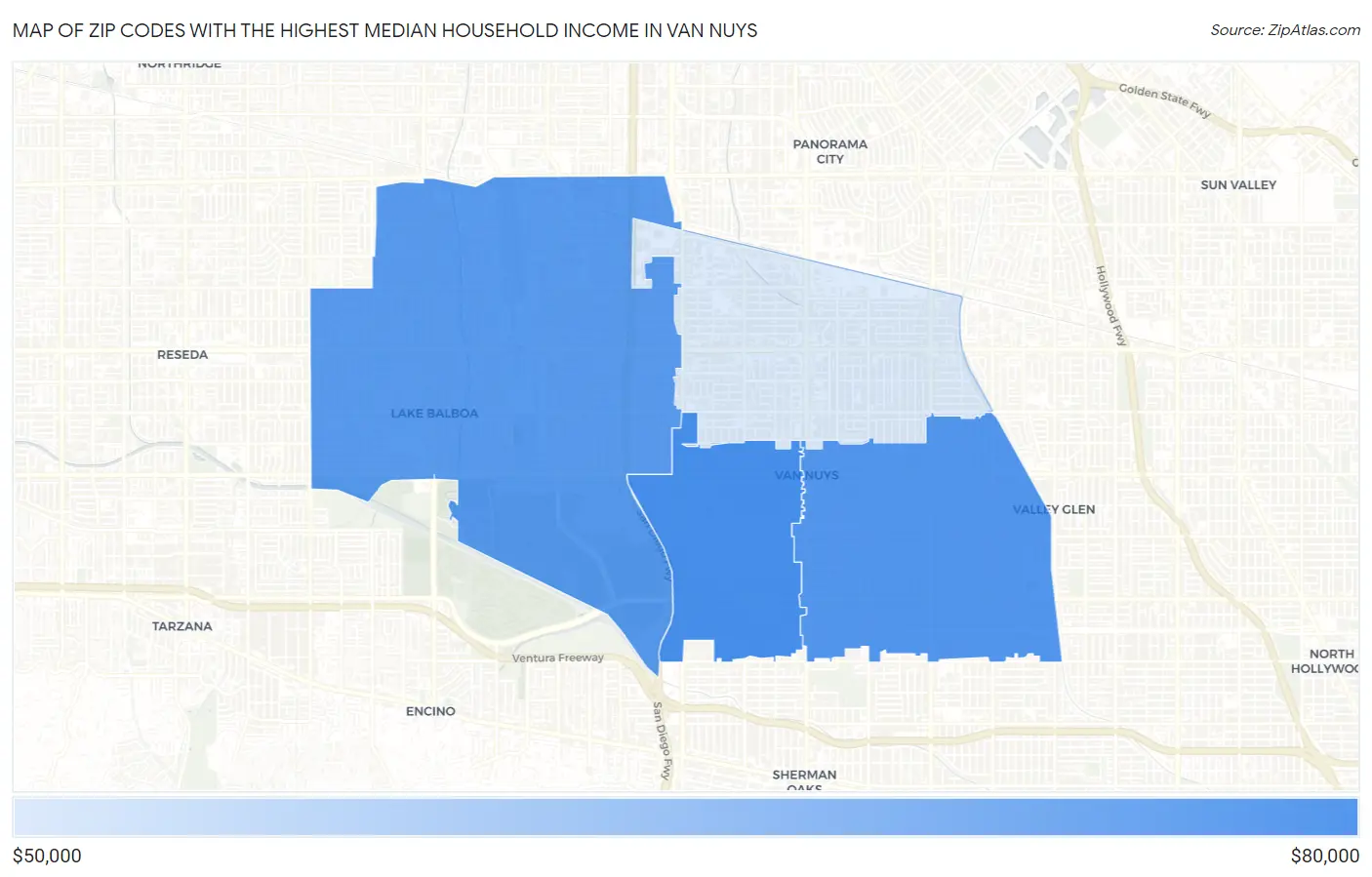 Zip Codes with the Highest Median Household Income in Van Nuys Map