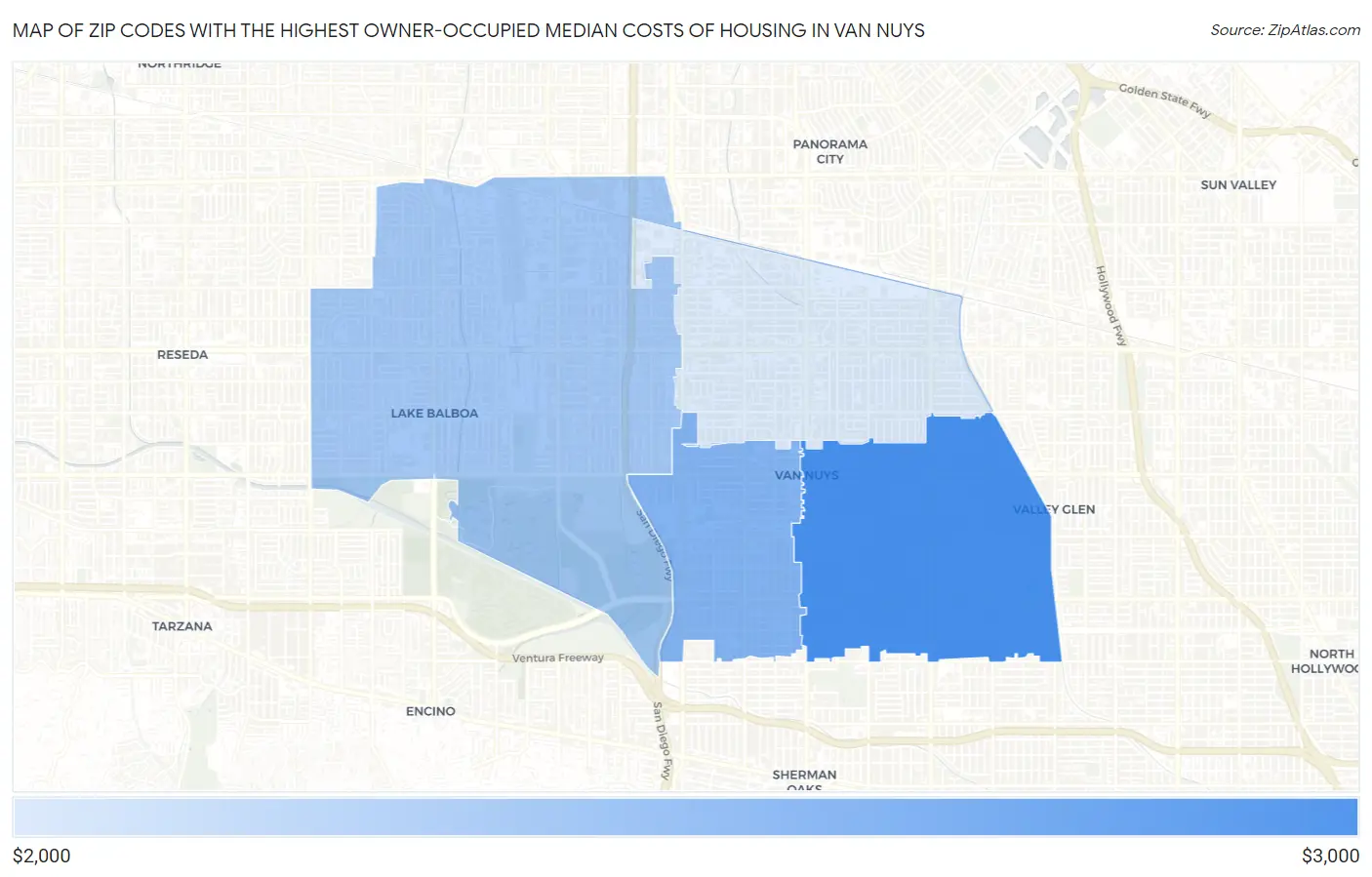 Zip Codes with the Highest Owner-Occupied Median Costs of Housing in Van Nuys Map