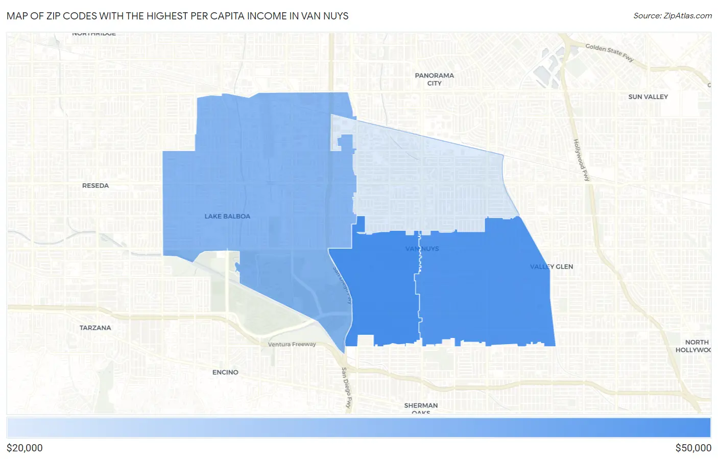 Zip Codes with the Highest Per Capita Income in Van Nuys Map