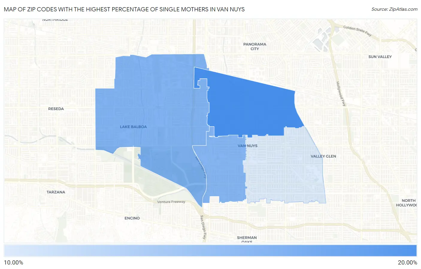 Zip Codes with the Highest Percentage of Single Mothers in Van Nuys Map