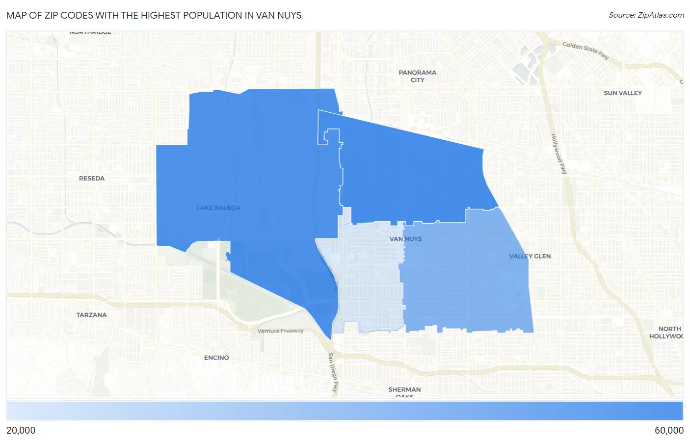Zip Codes with the Highest Population in Van Nuys Map