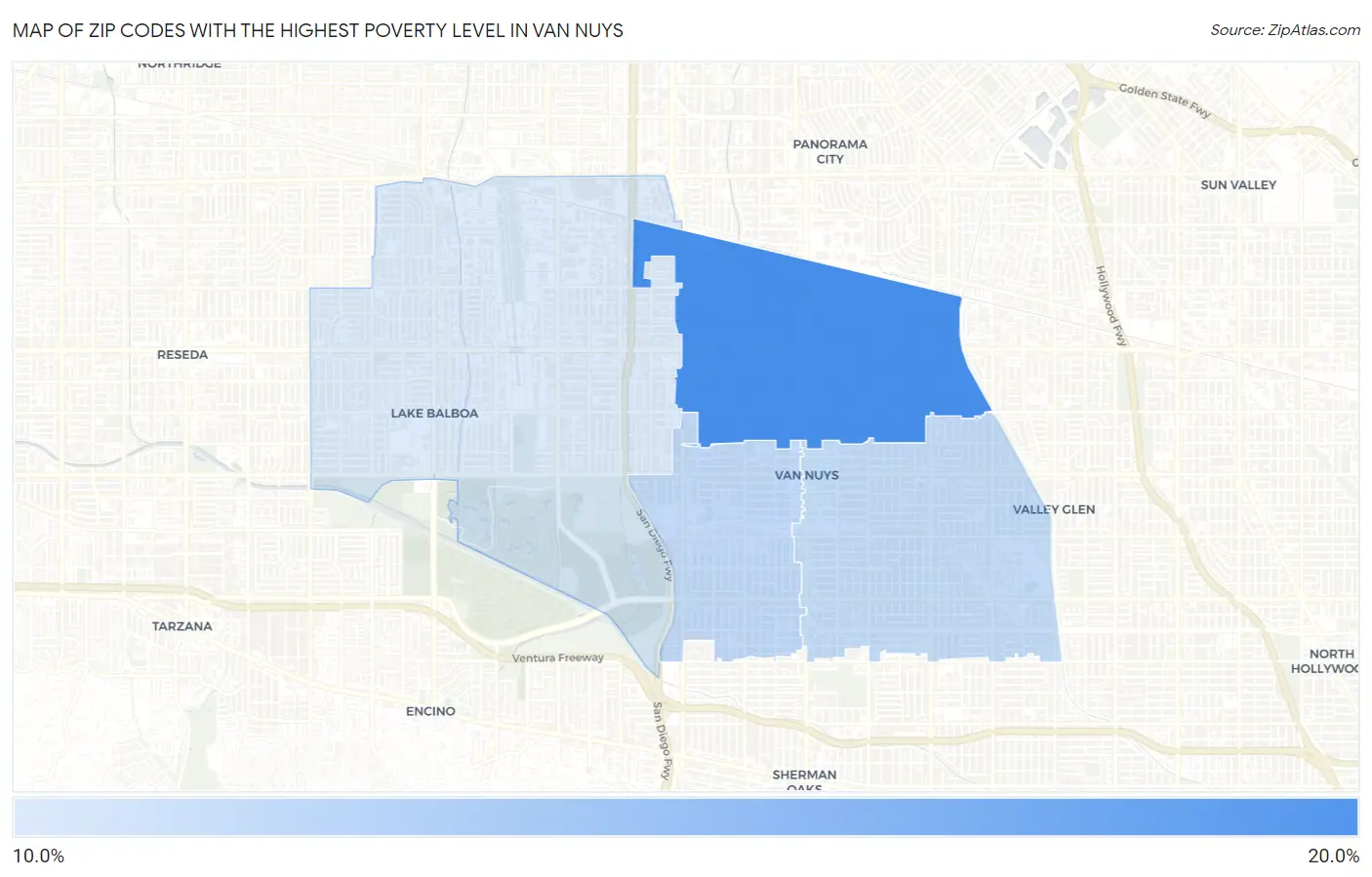 Zip Codes with the Highest Poverty Level in Van Nuys Map