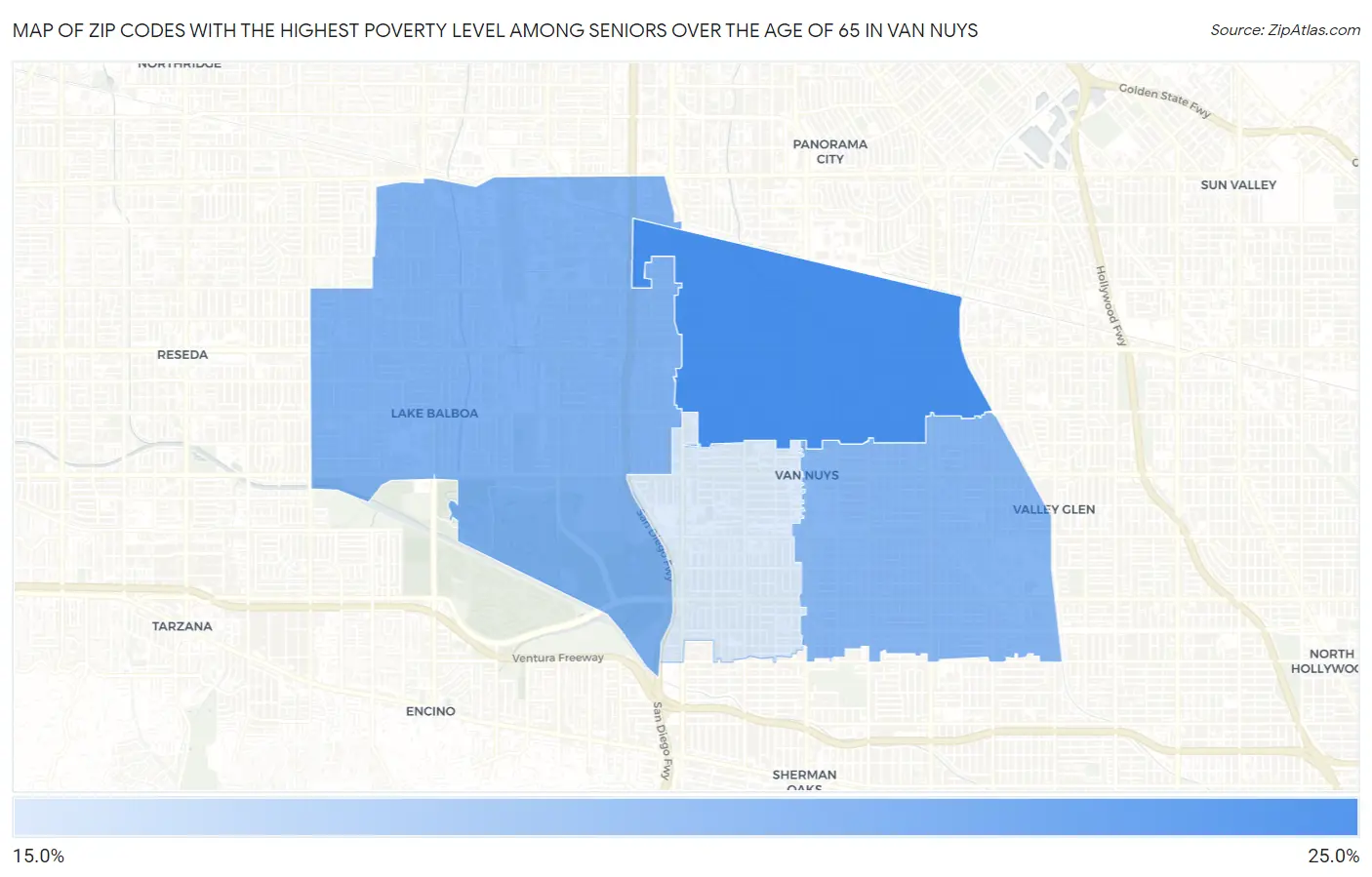 Zip Codes with the Highest Poverty Level Among Seniors Over the Age of 65 in Van Nuys Map