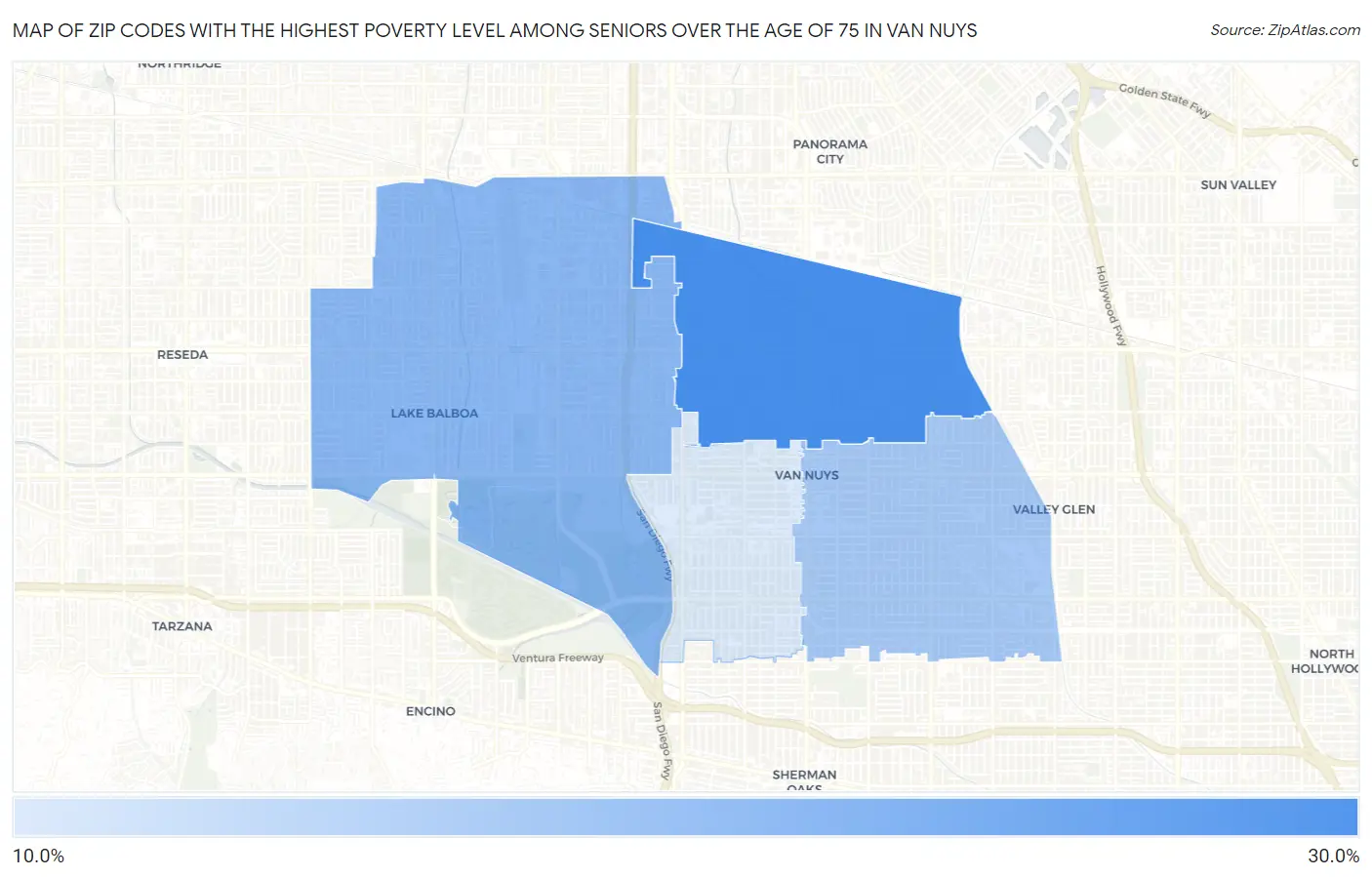 Zip Codes with the Highest Poverty Level Among Seniors Over the Age of 75 in Van Nuys Map