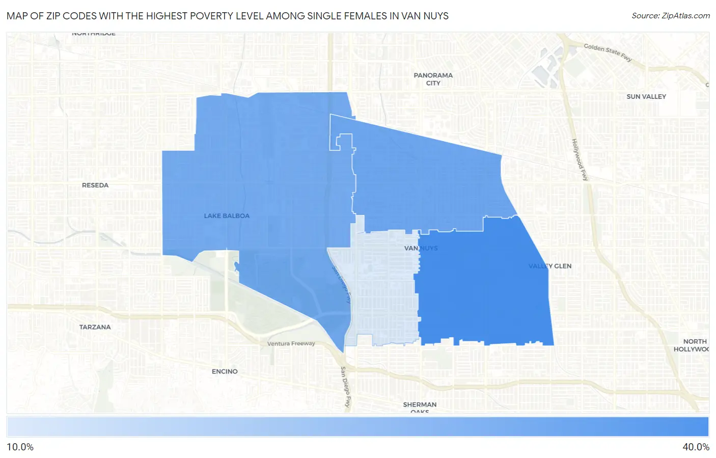 Zip Codes with the Highest Poverty Level Among Single Females in Van Nuys Map