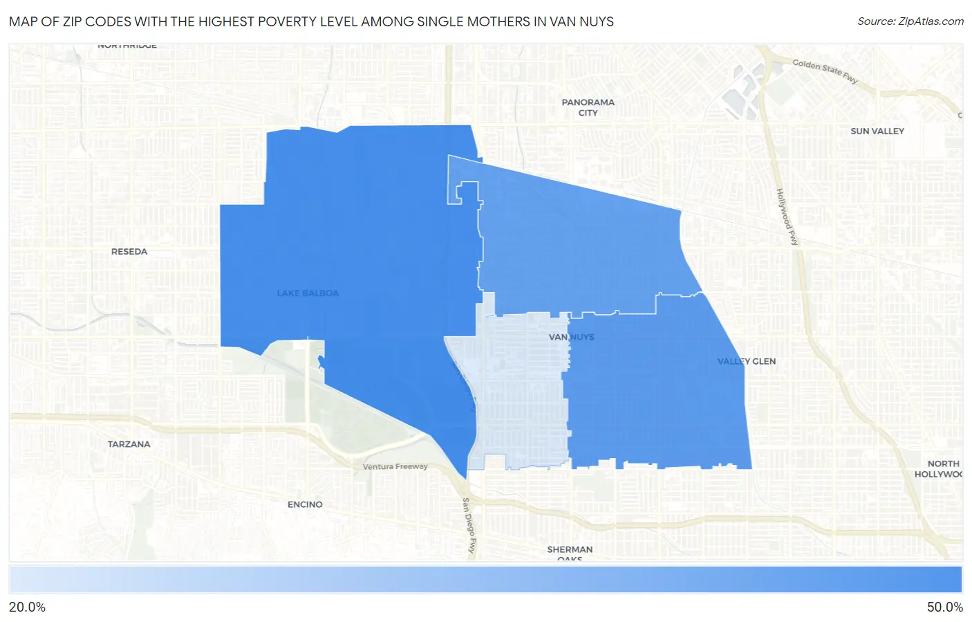 Zip Codes with the Highest Poverty Level Among Single Mothers in Van Nuys Map