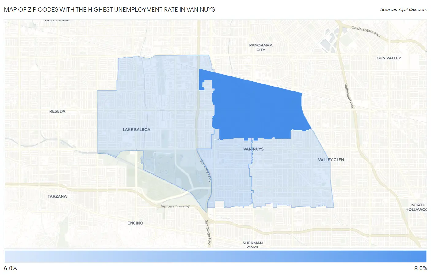 Zip Codes with the Highest Unemployment Rate in Van Nuys Map