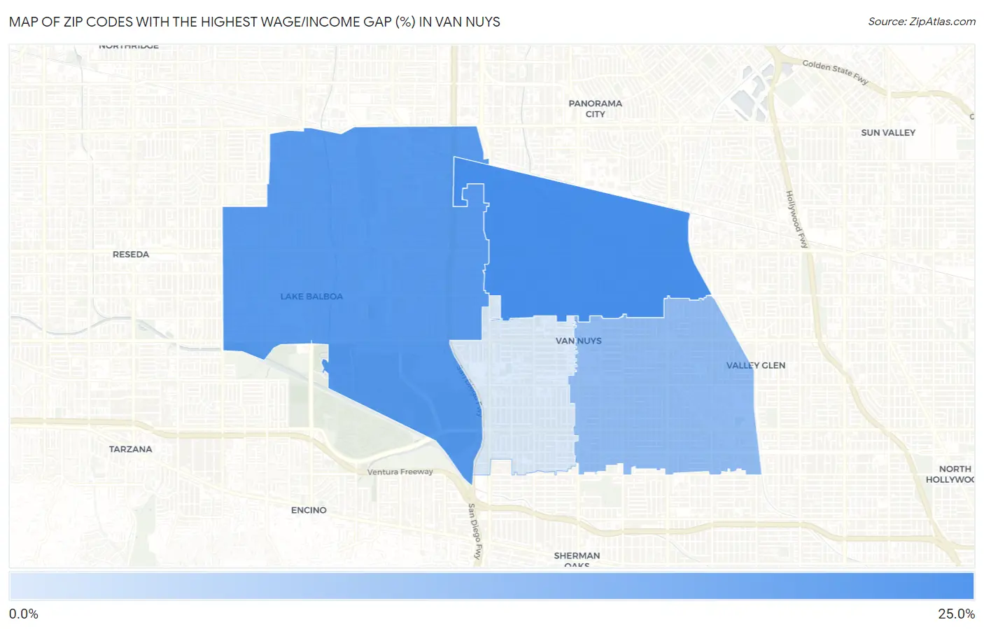 Zip Codes with the Highest Wage/Income Gap (%) in Van Nuys Map
