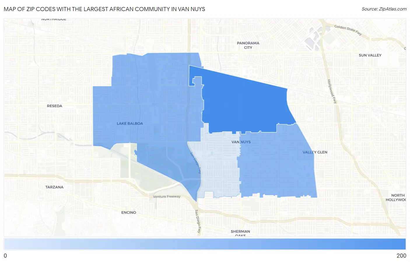 Zip Codes with the Largest African Community in Van Nuys Map