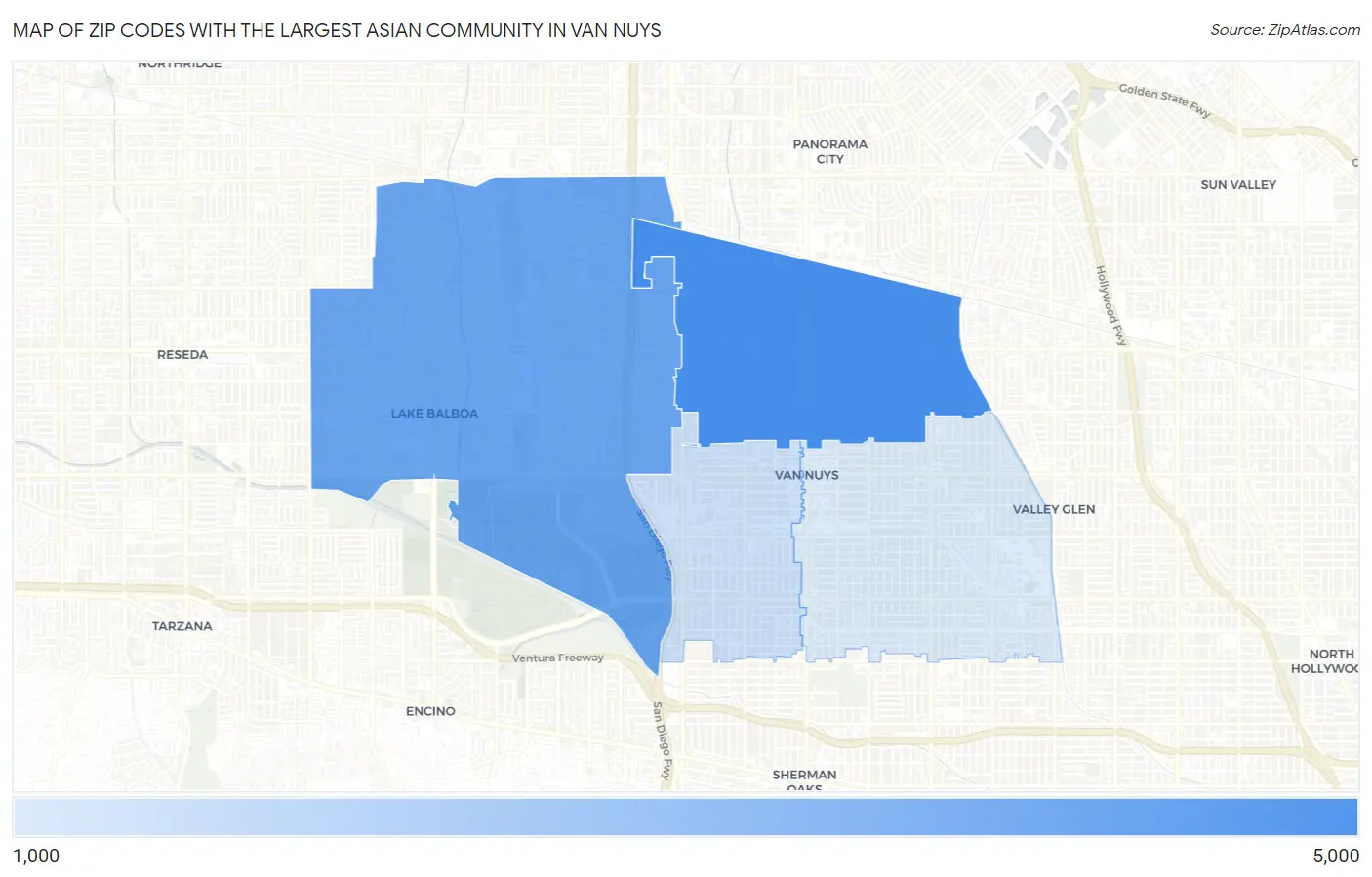 Zip Codes with the Largest Asian Community in Van Nuys Map