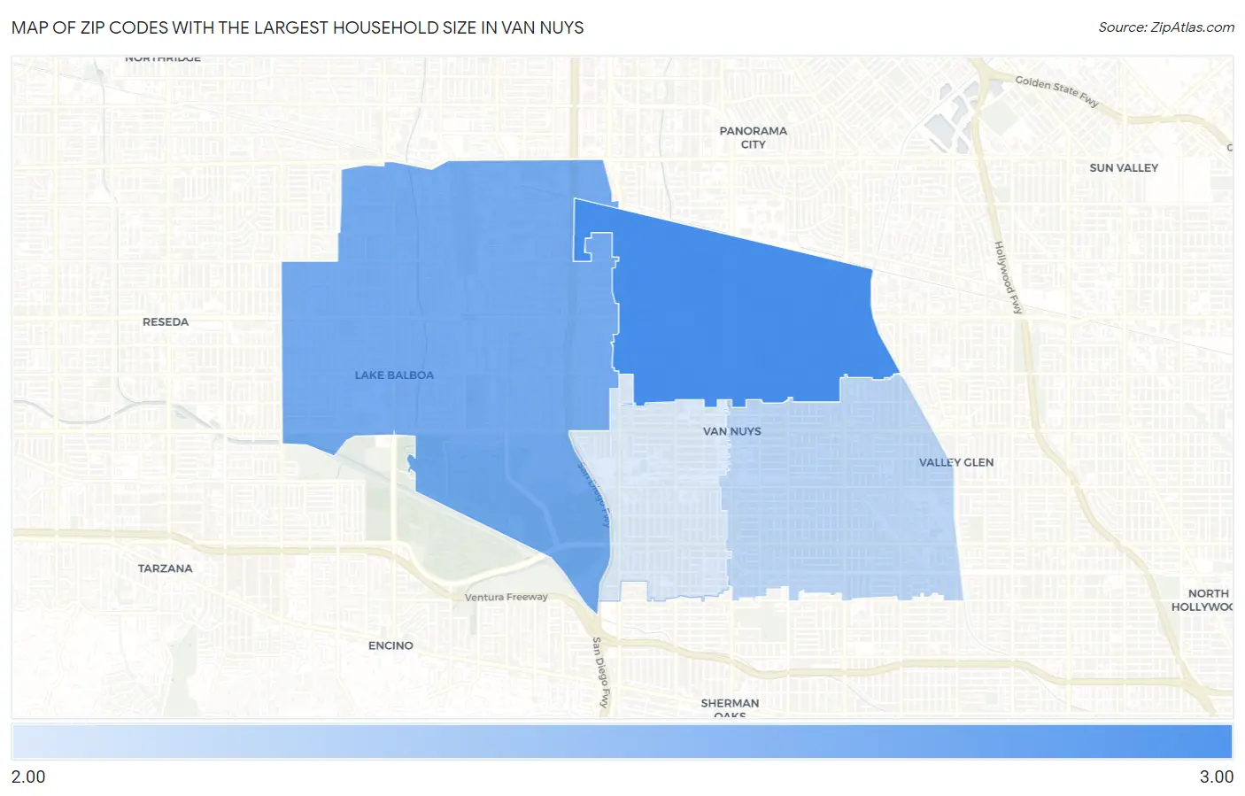 Zip Codes with the Largest Household Size in Van Nuys Map