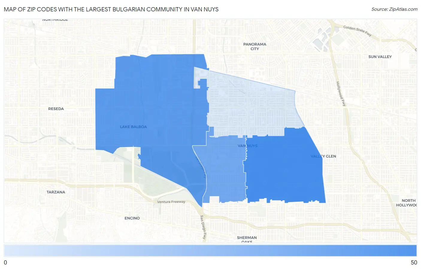 Zip Codes with the Largest Bulgarian Community in Van Nuys Map