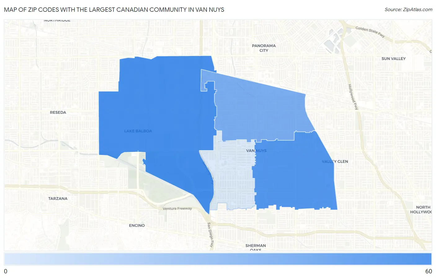 Zip Codes with the Largest Canadian Community in Van Nuys Map