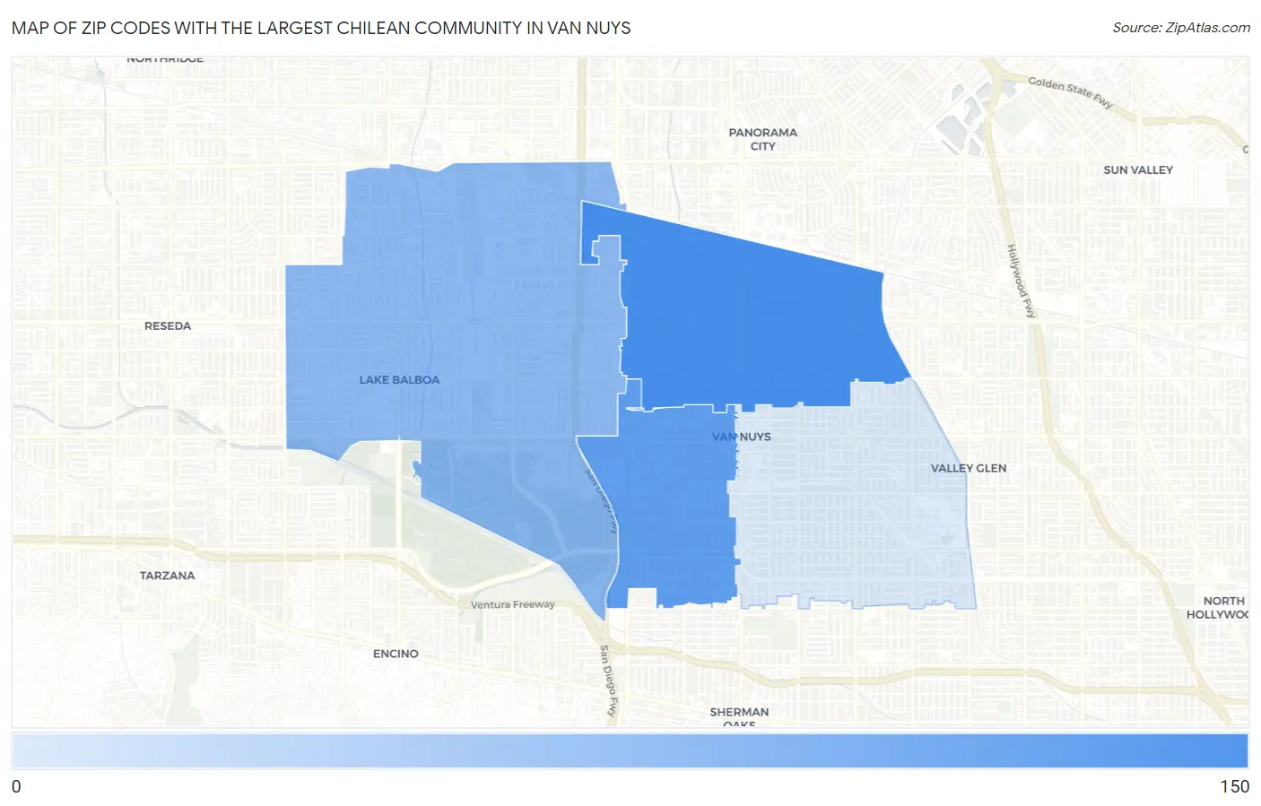 Zip Codes with the Largest Chilean Community in Van Nuys Map
