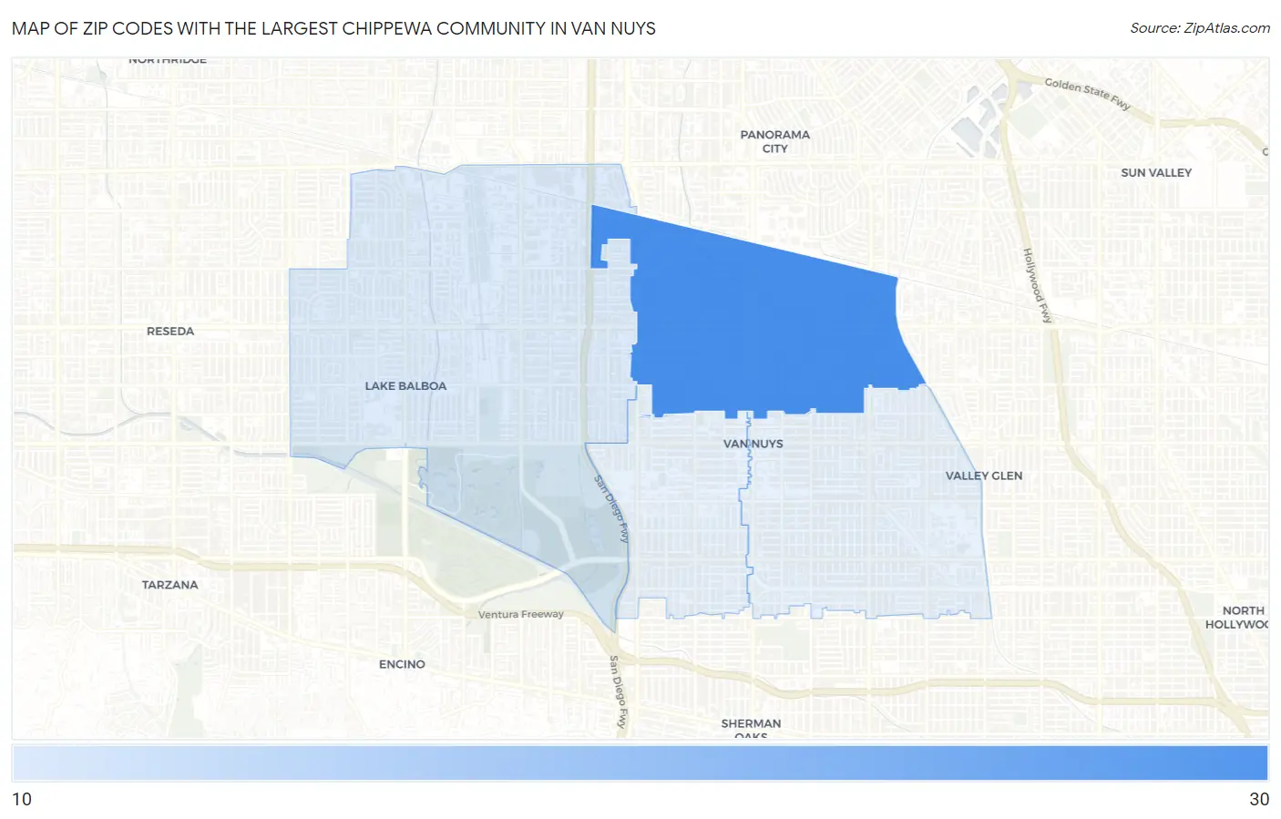 Zip Codes with the Largest Chippewa Community in Van Nuys Map