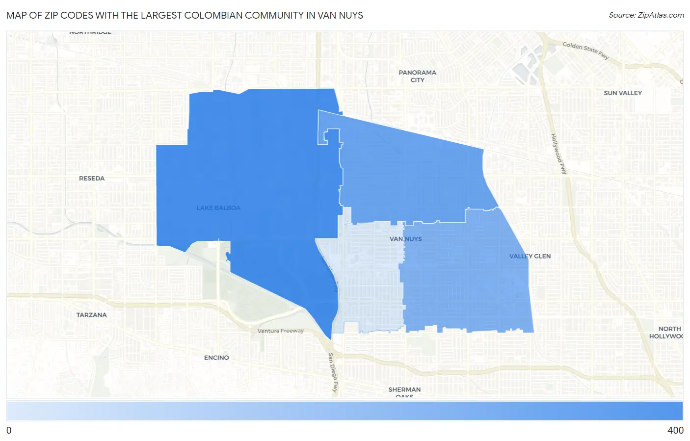 Zip Codes with the Largest Colombian Community in Van Nuys Map