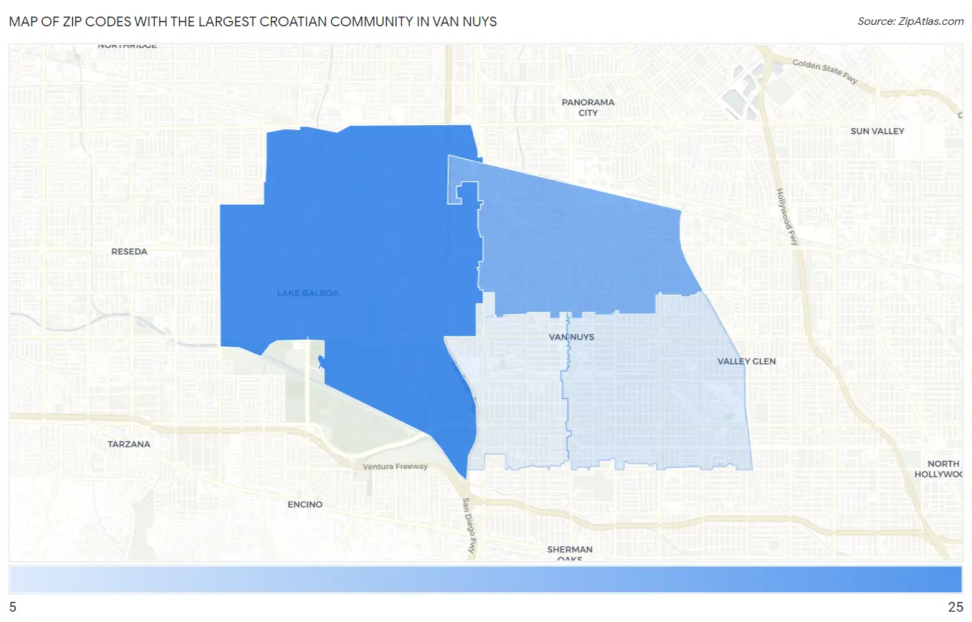 Zip Codes with the Largest Croatian Community in Van Nuys Map
