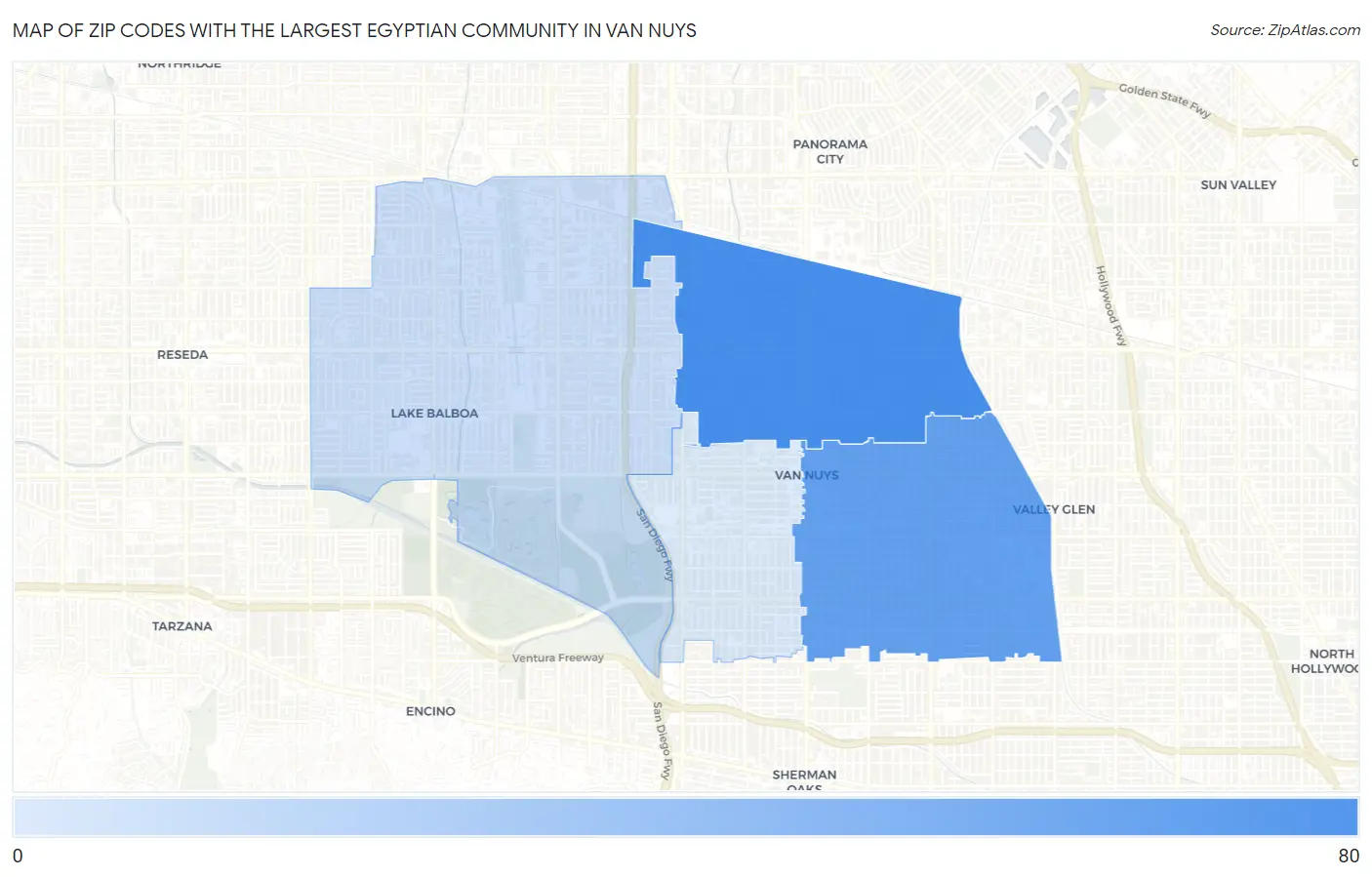 Zip Codes with the Largest Egyptian Community in Van Nuys Map