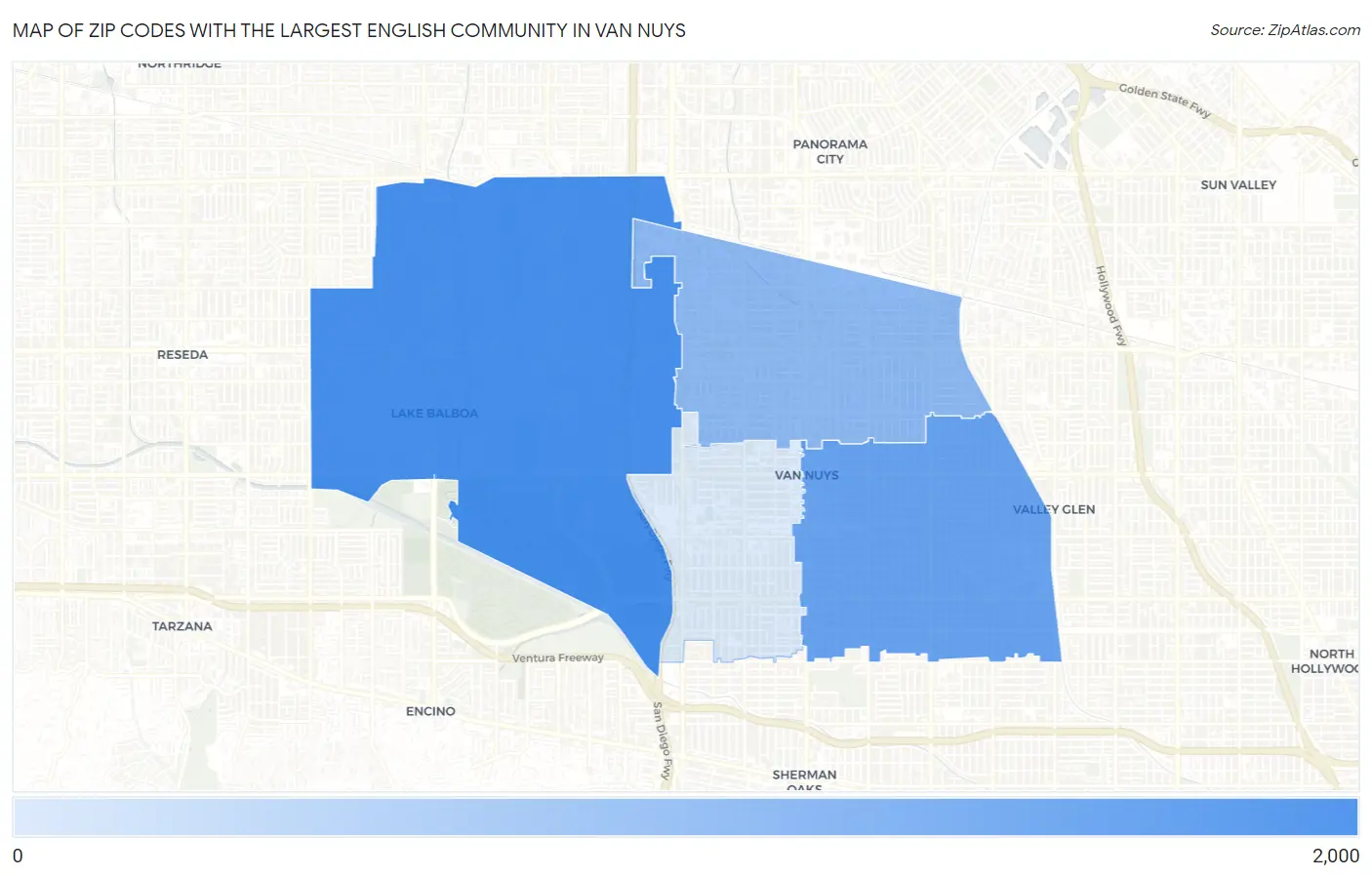 Zip Codes with the Largest English Community in Van Nuys Map