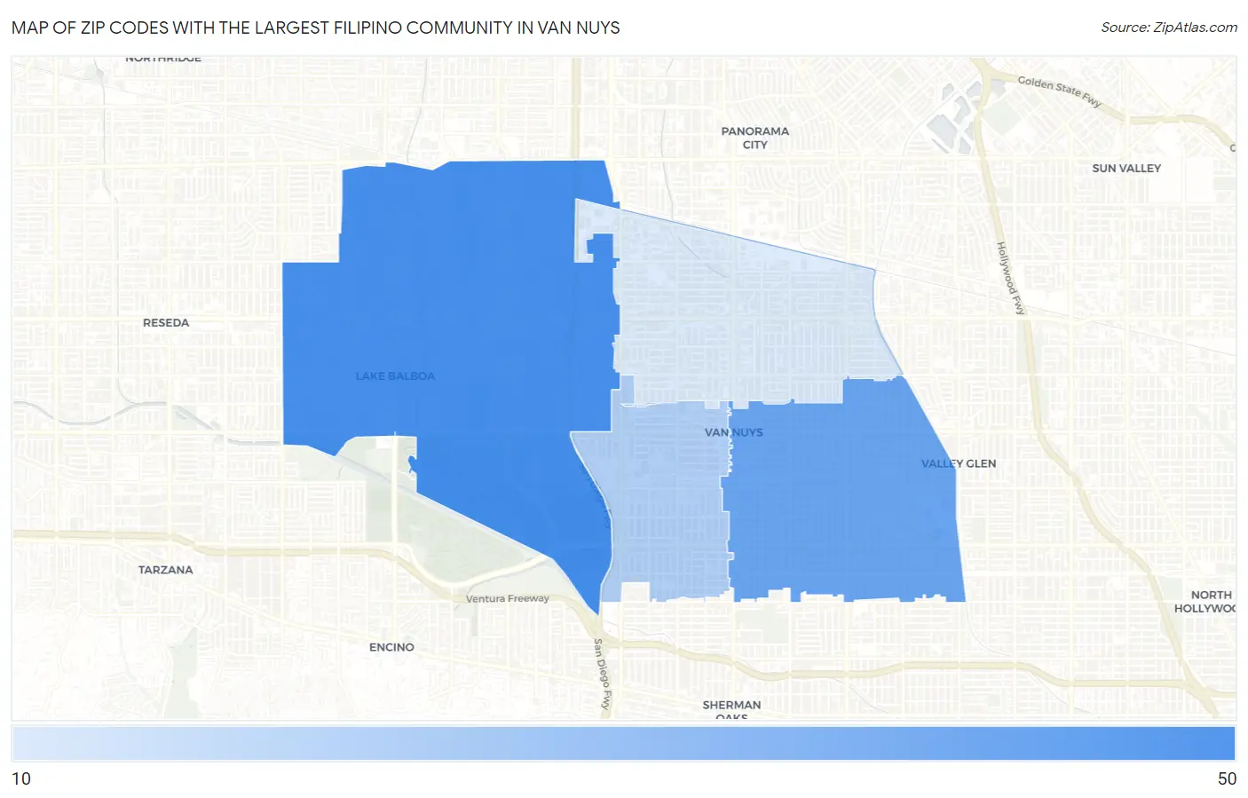 Zip Codes with the Largest Filipino Community in Van Nuys Map