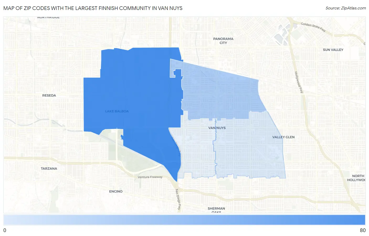 Zip Codes with the Largest Finnish Community in Van Nuys Map