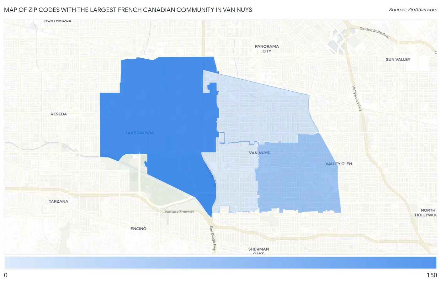 Zip Codes with the Largest French Canadian Community in Van Nuys Map