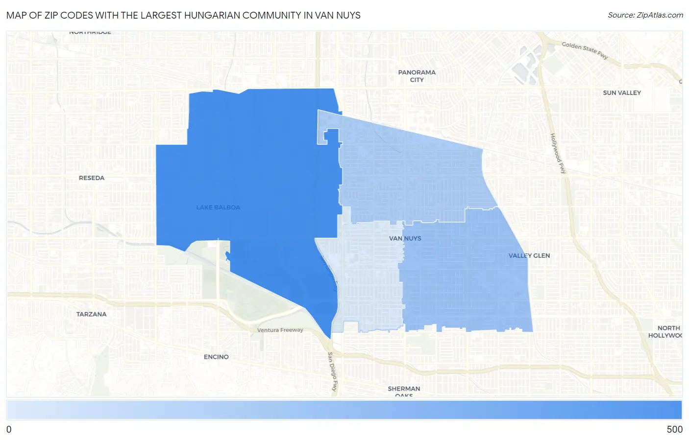 Zip Codes with the Largest Hungarian Community in Van Nuys Map