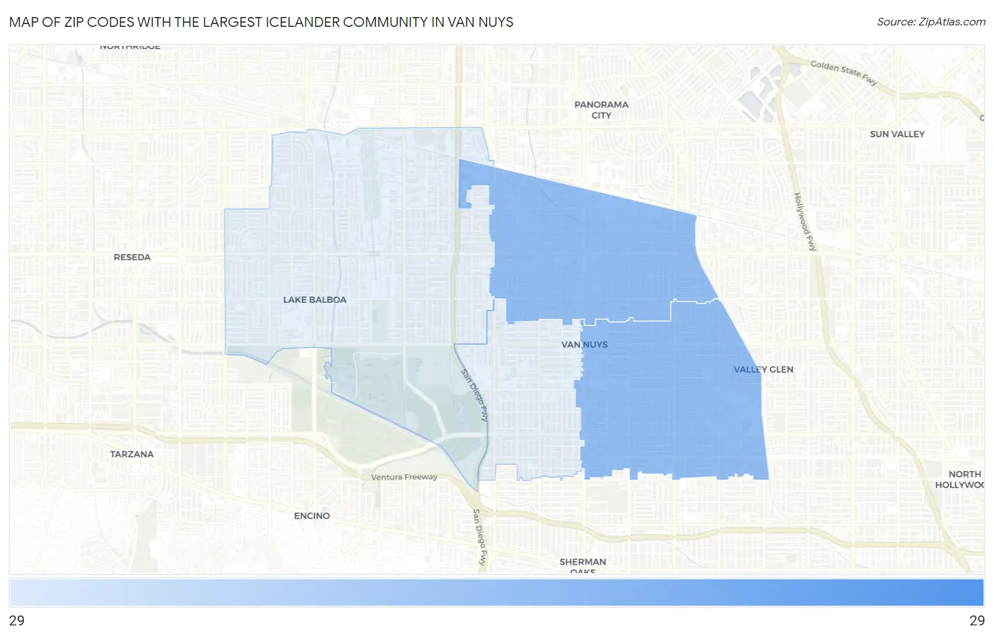 Zip Codes with the Largest Icelander Community in Van Nuys Map