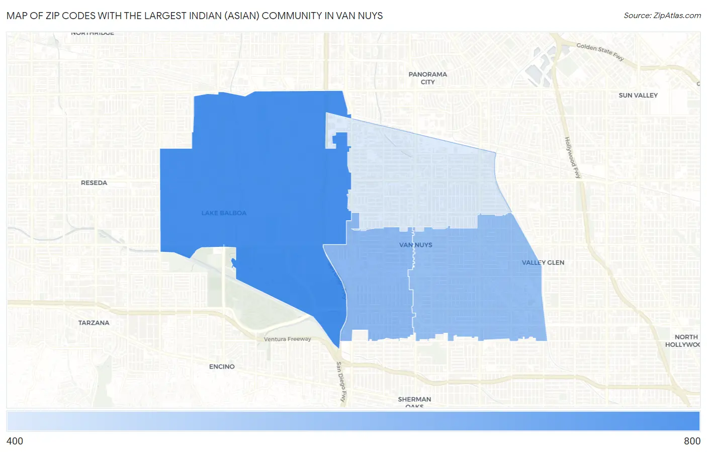 Zip Codes with the Largest Indian (Asian) Community in Van Nuys Map