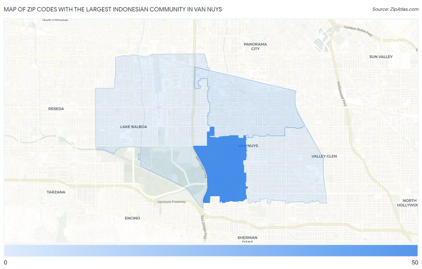 Zip Codes with the Largest Indonesian Community in Van Nuys Map