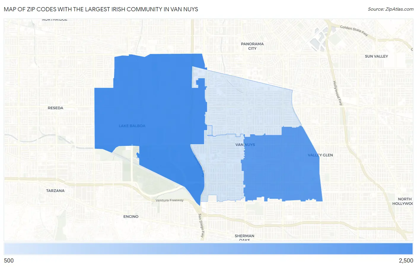 Zip Codes with the Largest Irish Community in Van Nuys Map