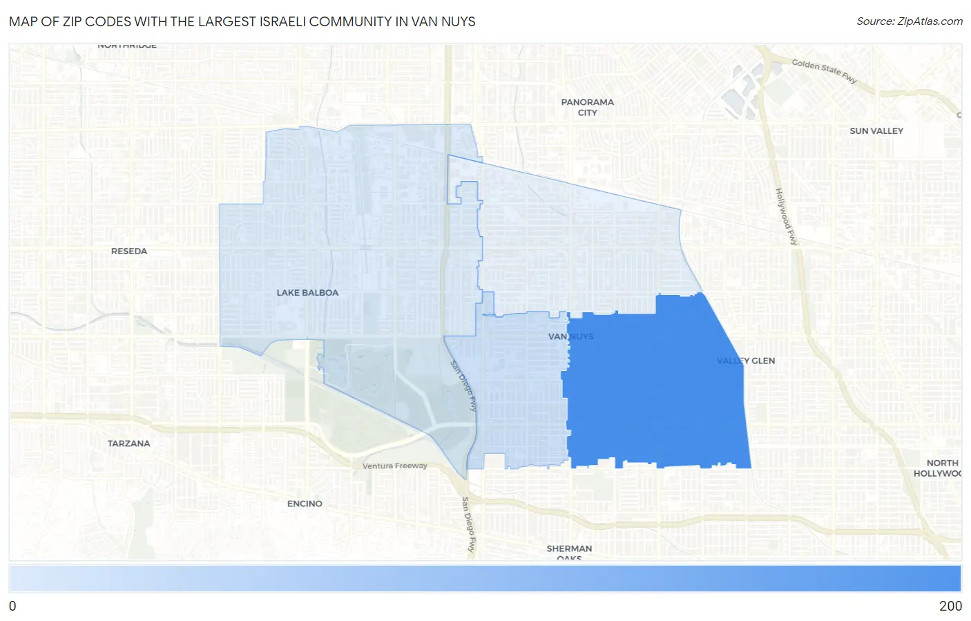 Zip Codes with the Largest Israeli Community in Van Nuys Map