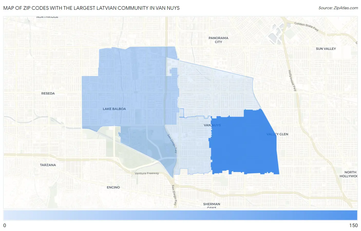 Zip Codes with the Largest Latvian Community in Van Nuys Map